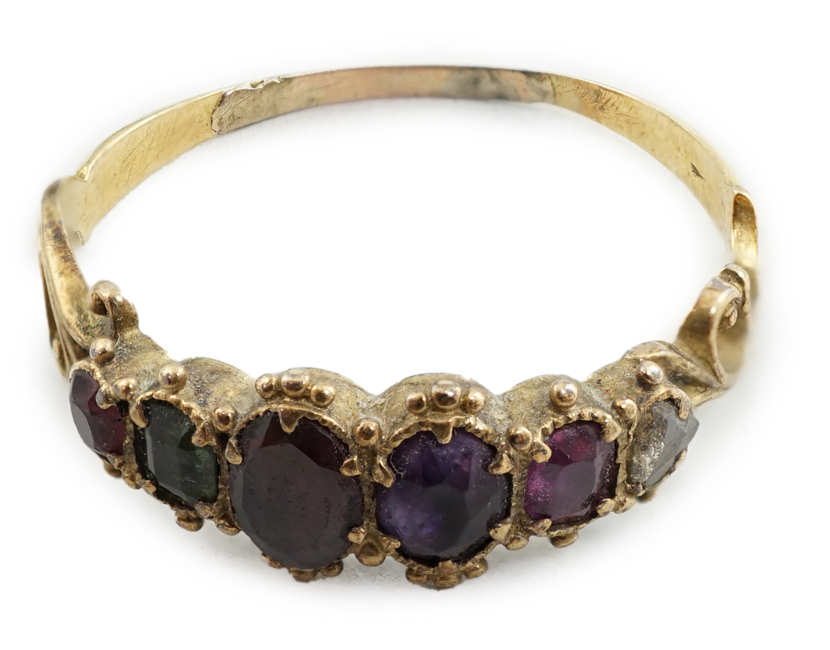 A Victorian gold and gem set 'Regard' half hoop ring